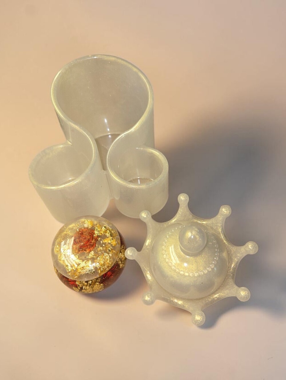 White Resin Crown Jar + Gold Leaf Rose Trinket Box Makeup Brush Organizer